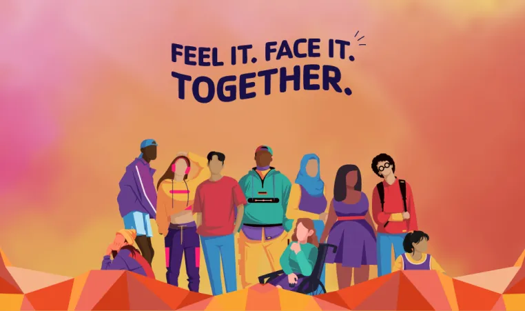 Graphic of faceless teens with the tagline, Feel It. Face It. Together. for the Alliance's Teen Mental Health Resource Hub and campaign.