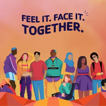 Graphic of faceless teens with the tagline, Feel It. Face It. Together. for the Alliance's Teen Mental Health Resource Hub and campaign.